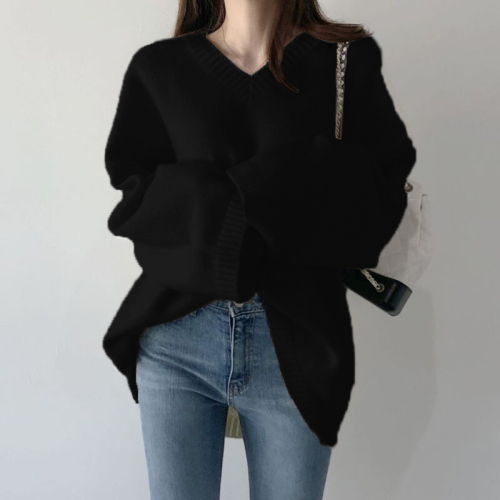 V-neck Pullover solid color loose T-shirt for women to wear thin Korean versatile lazy sweater with split coat