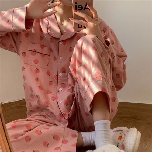 Ins style strawberry sweet spring and autumn long sleeved cardigan pajamas women's spring pajamas set home clothes two-piece set spring and summer