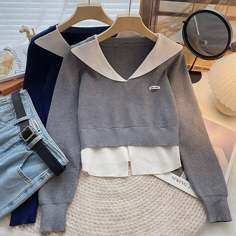 2022 autumn Korean version all-match self-cultivation color-blocking lapel fake two-piece short pullover long-sleeved knitted bottoming top