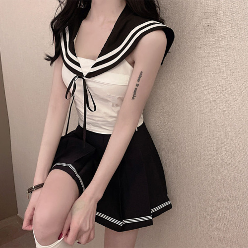 JK Uniform suit women's summer Japanese sailor college style Navy collar sexy open back shirt pleated skirt