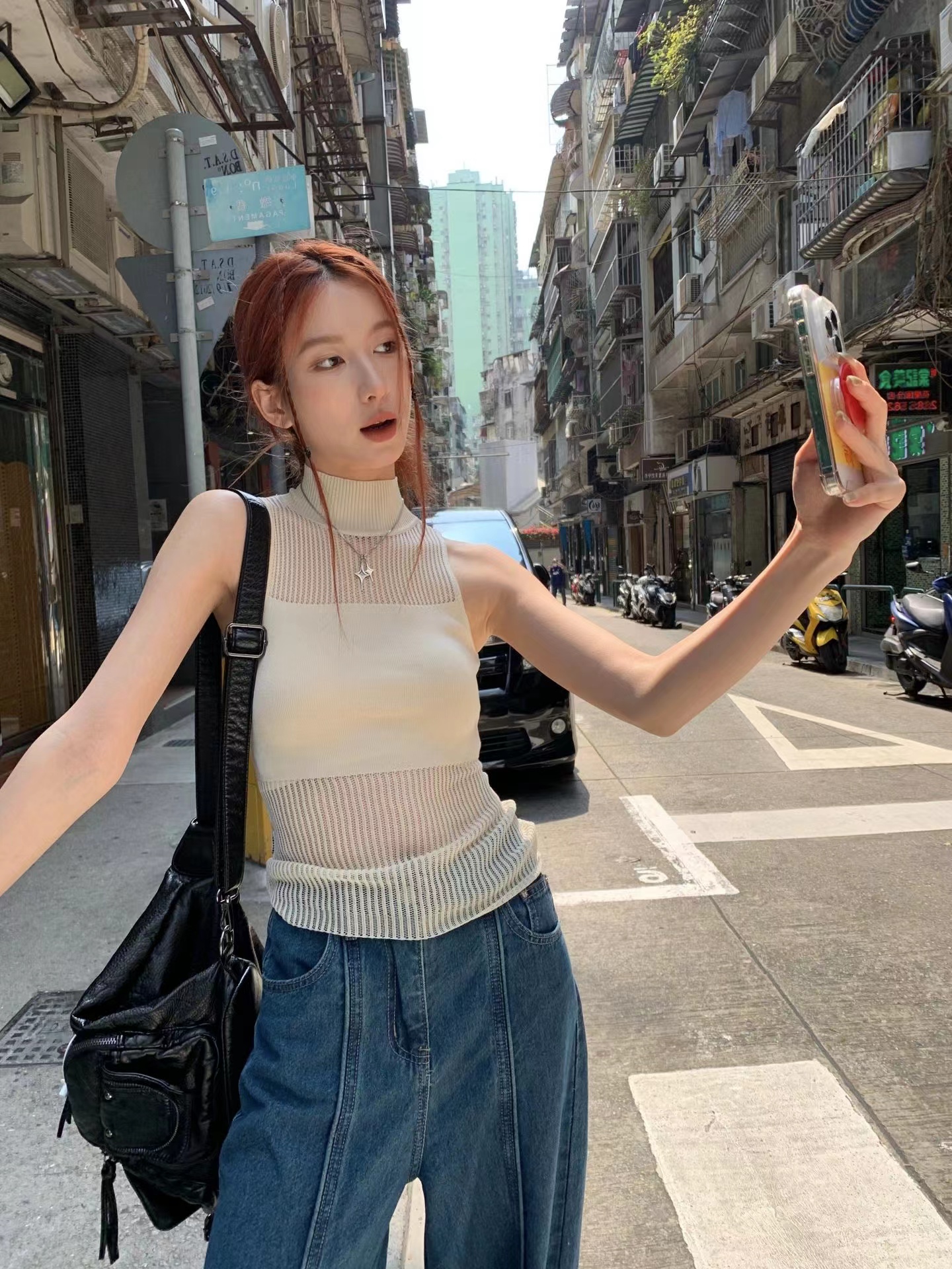 French niche design stitching hollow high collar sleeveless knitted vest top women's fashion