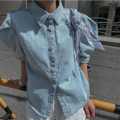 Delicate girl chic flower cute button Denim Shirt Top