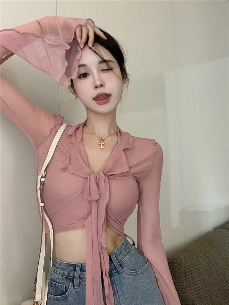 Real shooting real price Mesh cardigan French hot girl strapping trumpet sleeves perspective thin short top