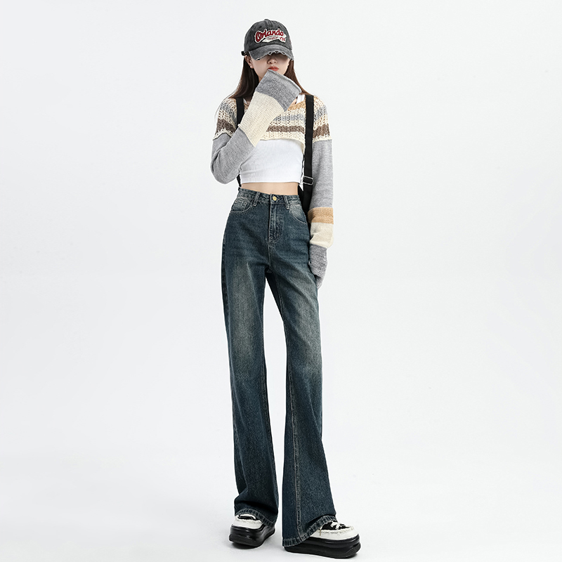 Real shot 2022 spring and autumn new style micro-laden jeans women's high waist comfortable straight loose wide leg mopping pants