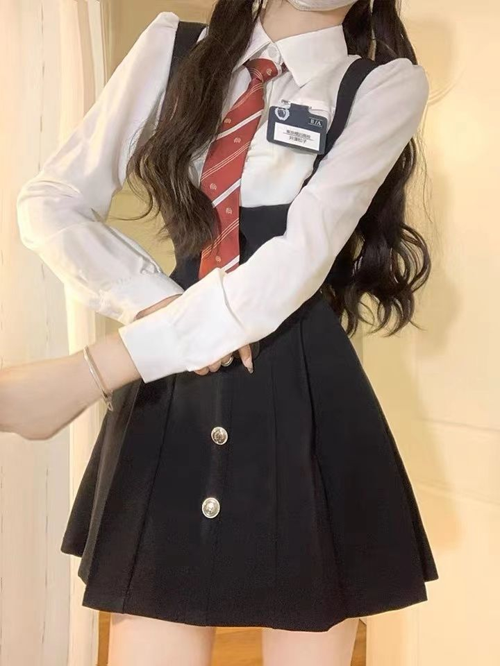 American fake two-piece sweet and spicy college style waist slimming dress women's autumn and winter long-sleeved shirt new suit