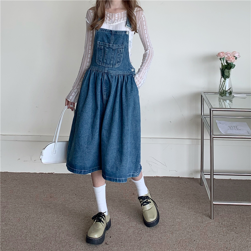 Real shooting autumn new style foreign style age reducing loose denim suspender dress loose suspender skirt