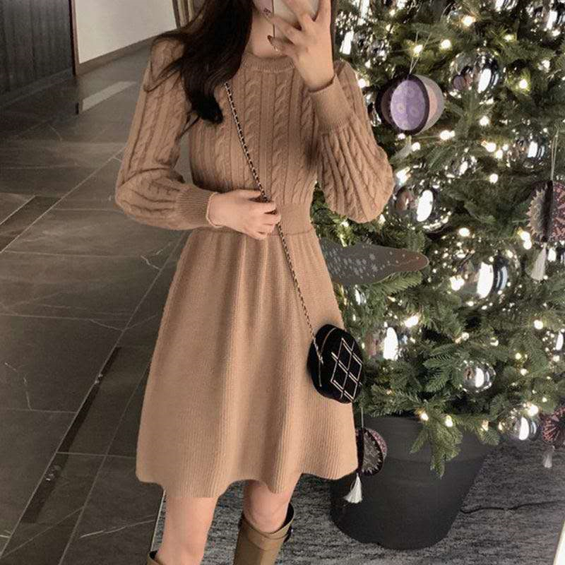 Half high neck long over the knee with overcoat wool dress for women's autumn and winter loose and thin knitted dress