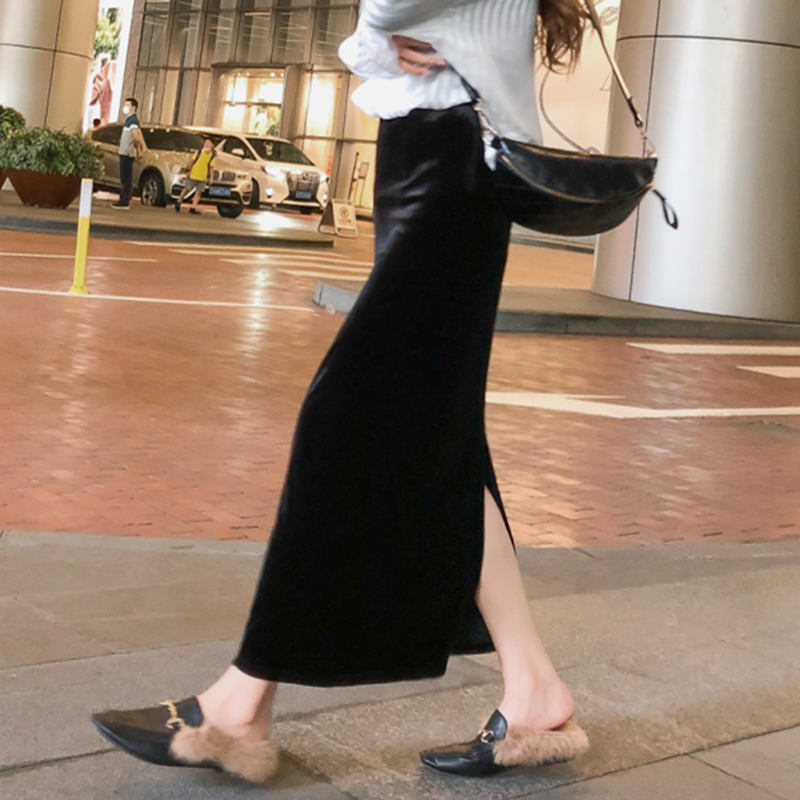 Golden velvet skirt, black Hip Wrap Skirt, long skirt, high waist, split, thin, medium and long one-step skirt