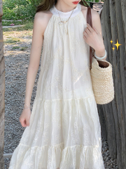 Real photos and real prices. Resort style lace halterneck dress. Summer new sexy sleeveless off-shoulder long skirt.