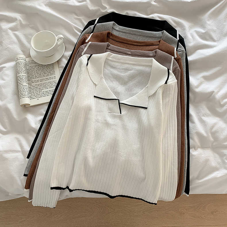 Air slim wool sweater 2022 autumn new women's fashion all-match color contrast half open collar long-sleeved pullover top