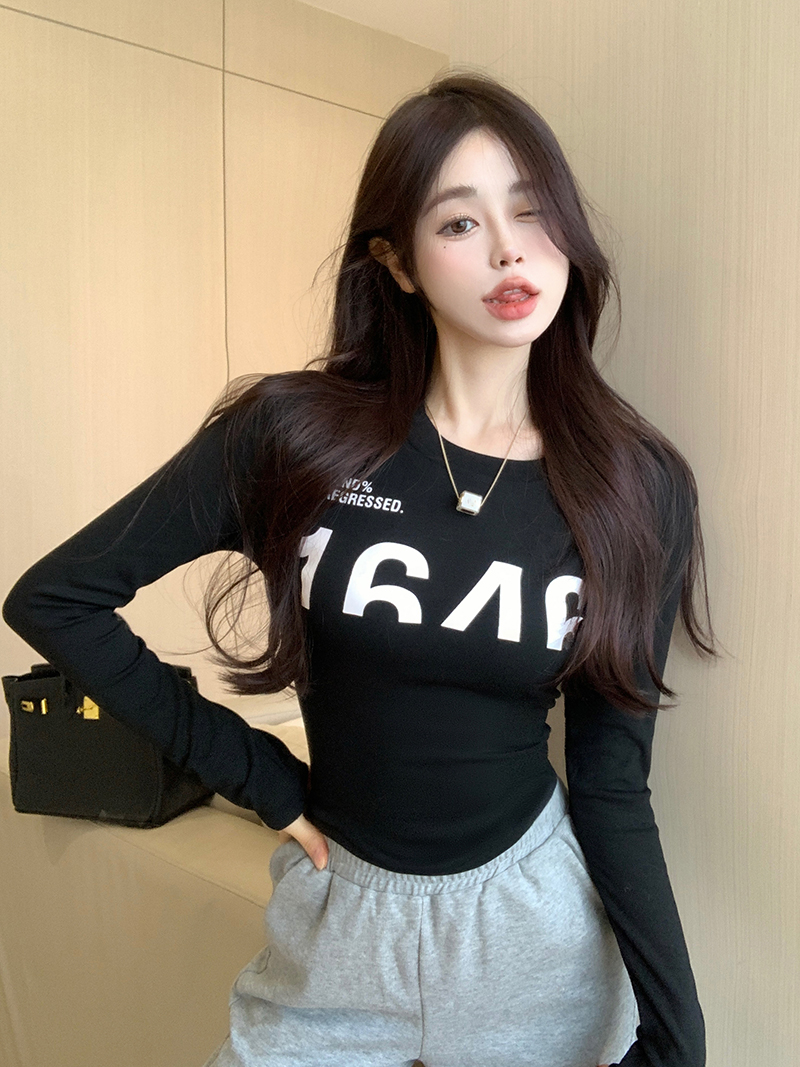 Real auction real price letter printing bottoming shirt women's slim long-sleeved T-shirt top
