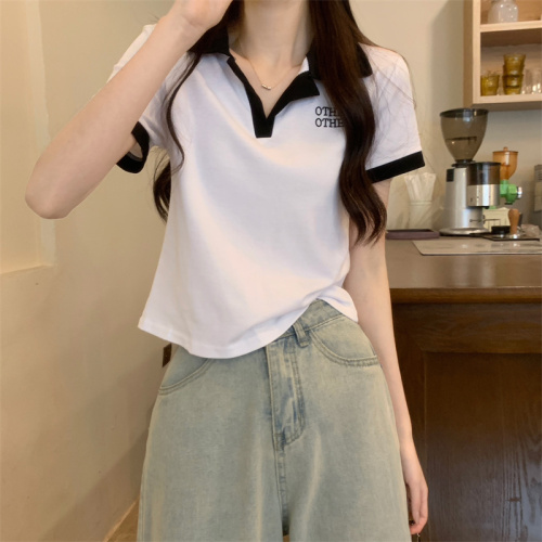Summer Korean style retro right shoulder polo collar design short-sleeved women's top T-shirt