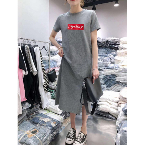 Summer short sleeve dress casual cover belly large women's loose medium length over knee T-shirt skirt