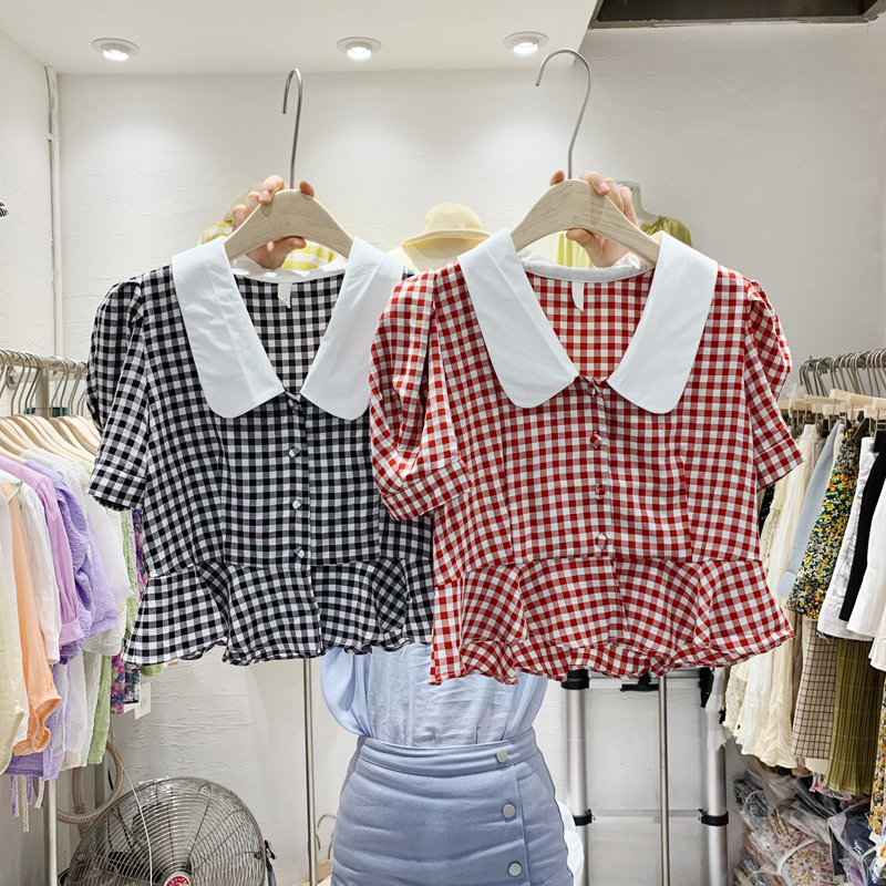 South Korea chic East Gate 2020 summer dress new fashion versatile color matching Lapel Bubble Sleeve Plaid cardigan