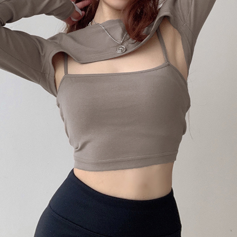 Real shot-Double-sided German velvet 2023 Korean version all-match fashion brushed long-sleeved T-shirt female suspenders two-piece student