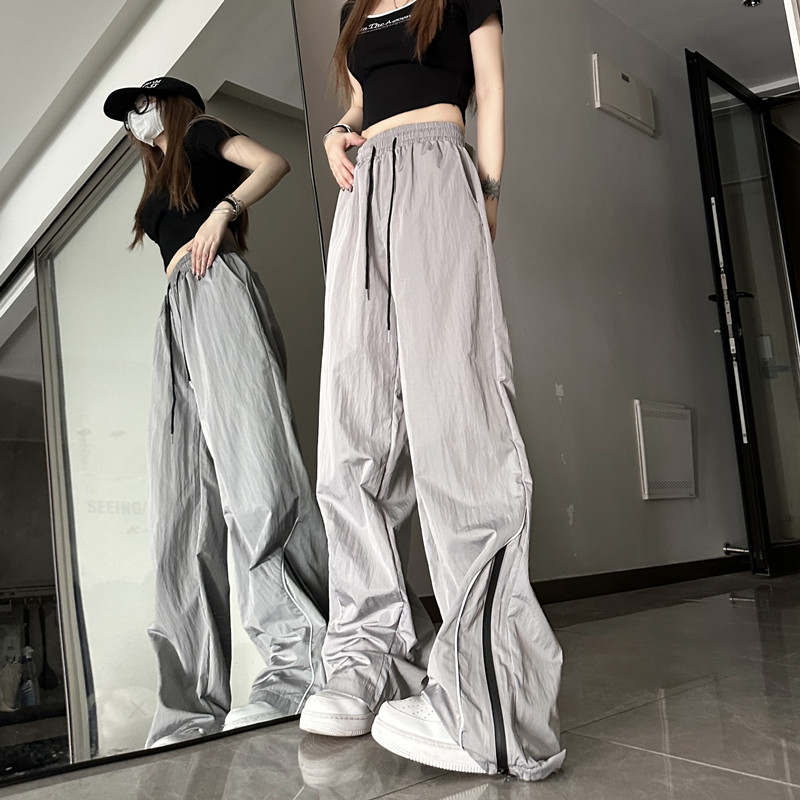 Real shot#American retro sports pants female 2023 new design sense loose wide leg ins straight casual pants tide