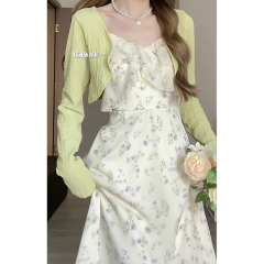 Double layer lining + adjustable floral suspender dress French tea break first love seaside resort style petite