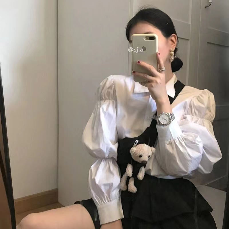 Autumn and winter new French lantern sleeve top design white shirt