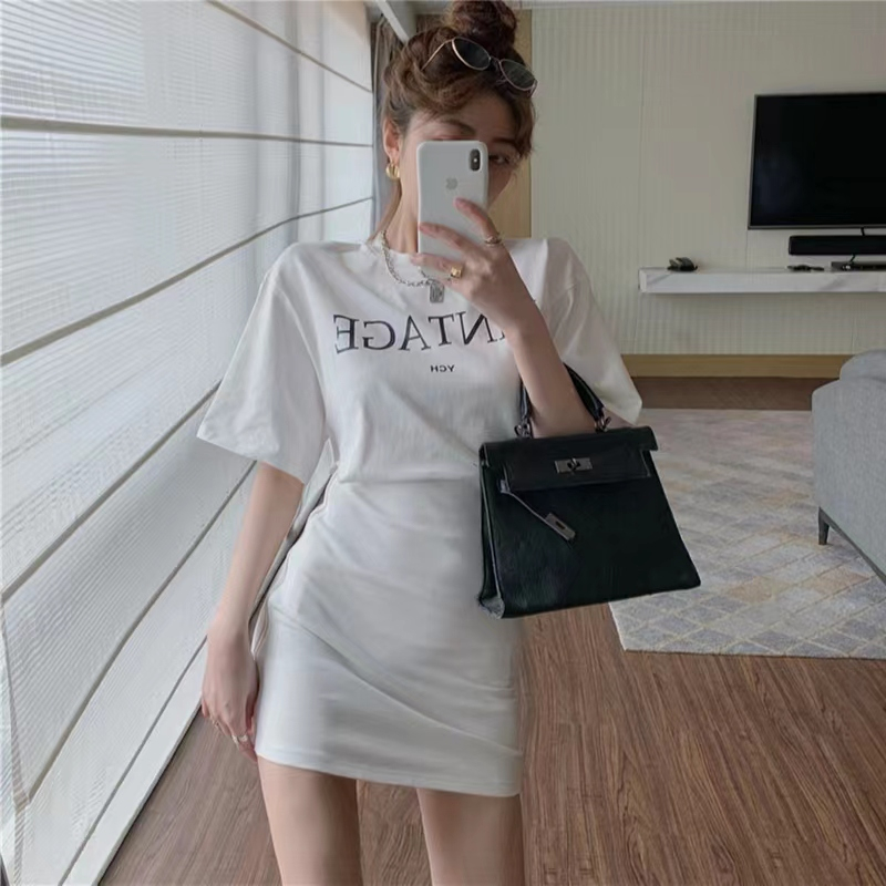 Sexy slit short-sleeved T-shirt women's short skirt summer half-sleeved top mid-length dress half-length skirt hip skirt