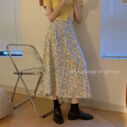Real shot real price medium and long small oil painting floral half skirt Korean high waist long skirt