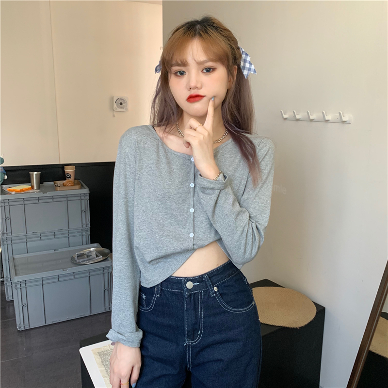 Real auction real price bi into the fake placket round neck loose short long sleeve T-shirt