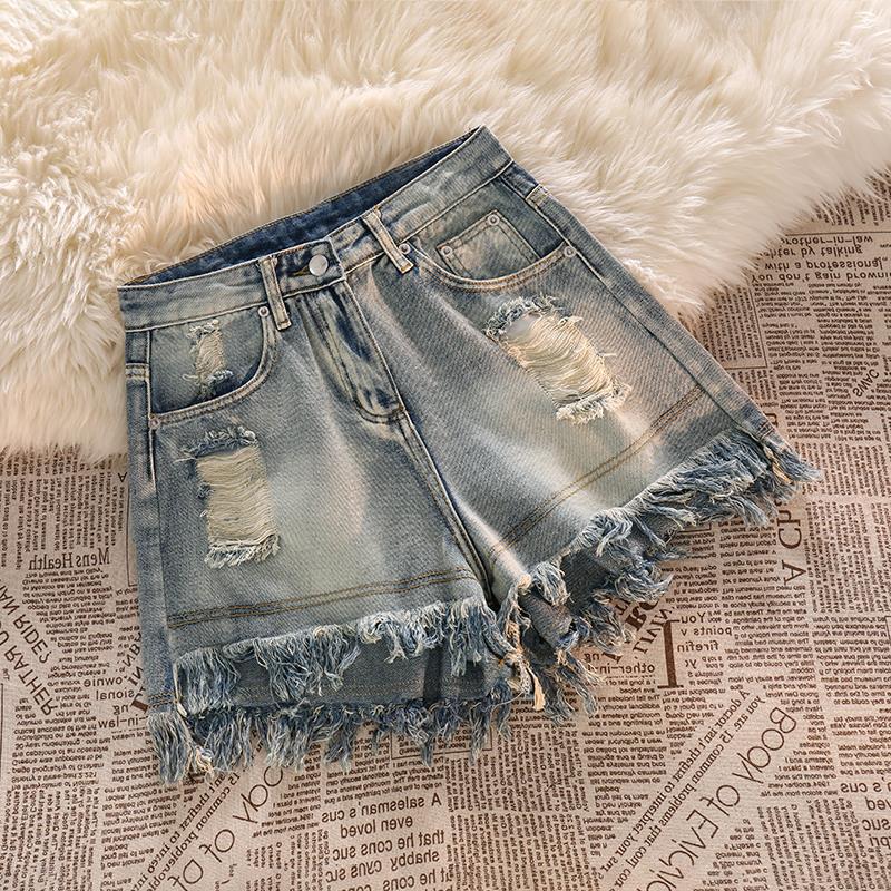 Vintage distressed jeans women's summer new high waist design loose shorts pants hot pants high street ins fashion