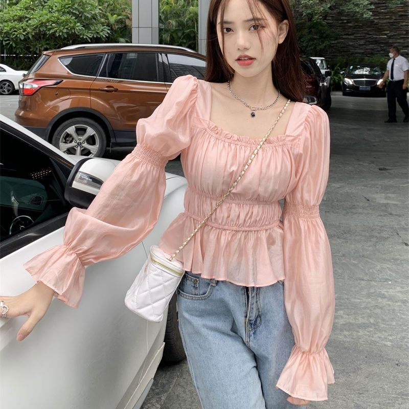 French temperament bell-sleeved shirt women's autumn 2022 new sweet square collar slim slim long-sleeved top