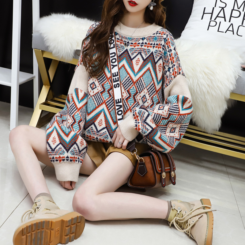 Fashion round neck Pullover short long sleeve totem diamond flower design knitted sweet blouse women's sweater