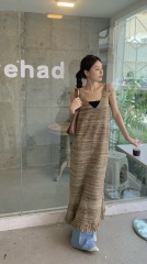 Real shooting real price Korean version slim and slim mid-length v-neck vest tassel fringe dress + bottoming top