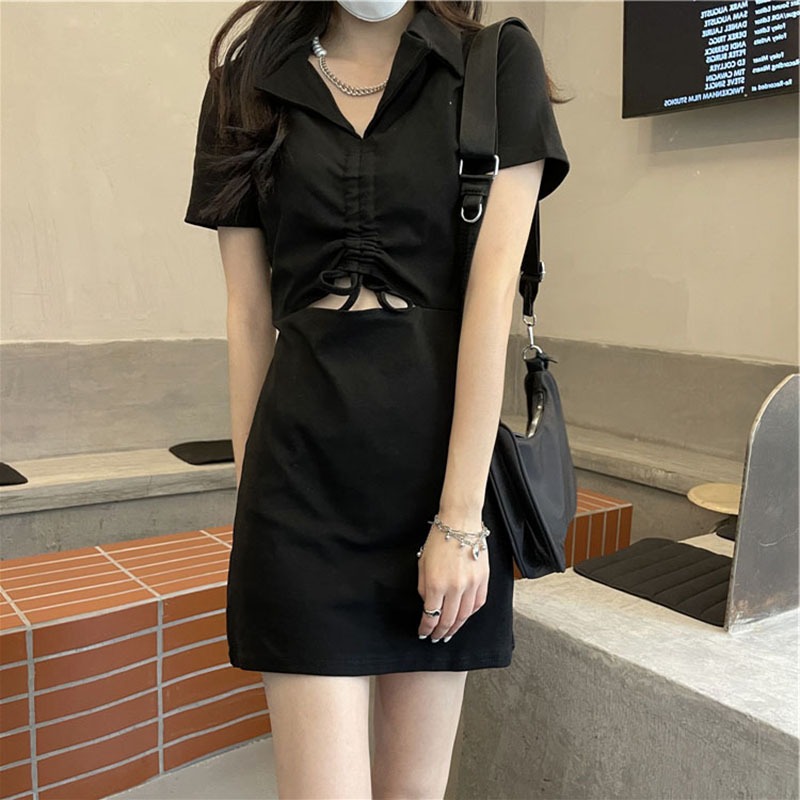 65 pull frame cotton campus polo shirt Lapel dress women's summer careful machine drawcord waist narrow T-shirt skirt