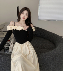 One-shoulder long-sleeved dress 2022 early autumn new French ladies gentle wind waist skirt women