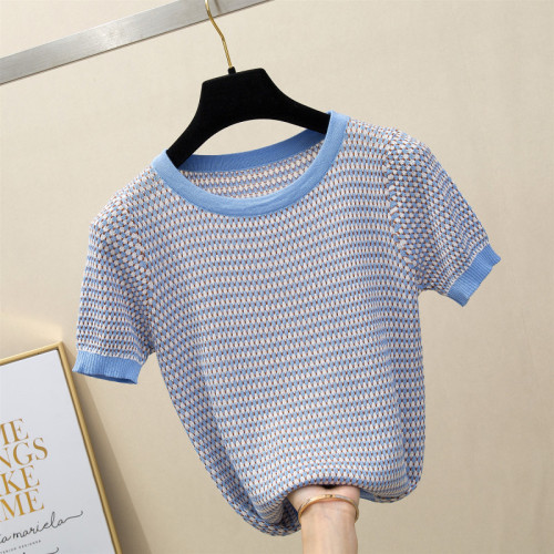 Real photo polo collar knitted stripe short sleeve T-shirt women lovely 2020 new summer loose top Han bianchao