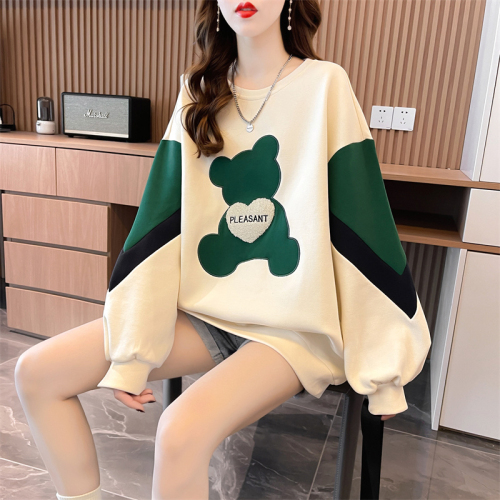 The first real shot cotton autumn thin Korean version of the long contrast color embroidery long sleeve hoodie female fashion