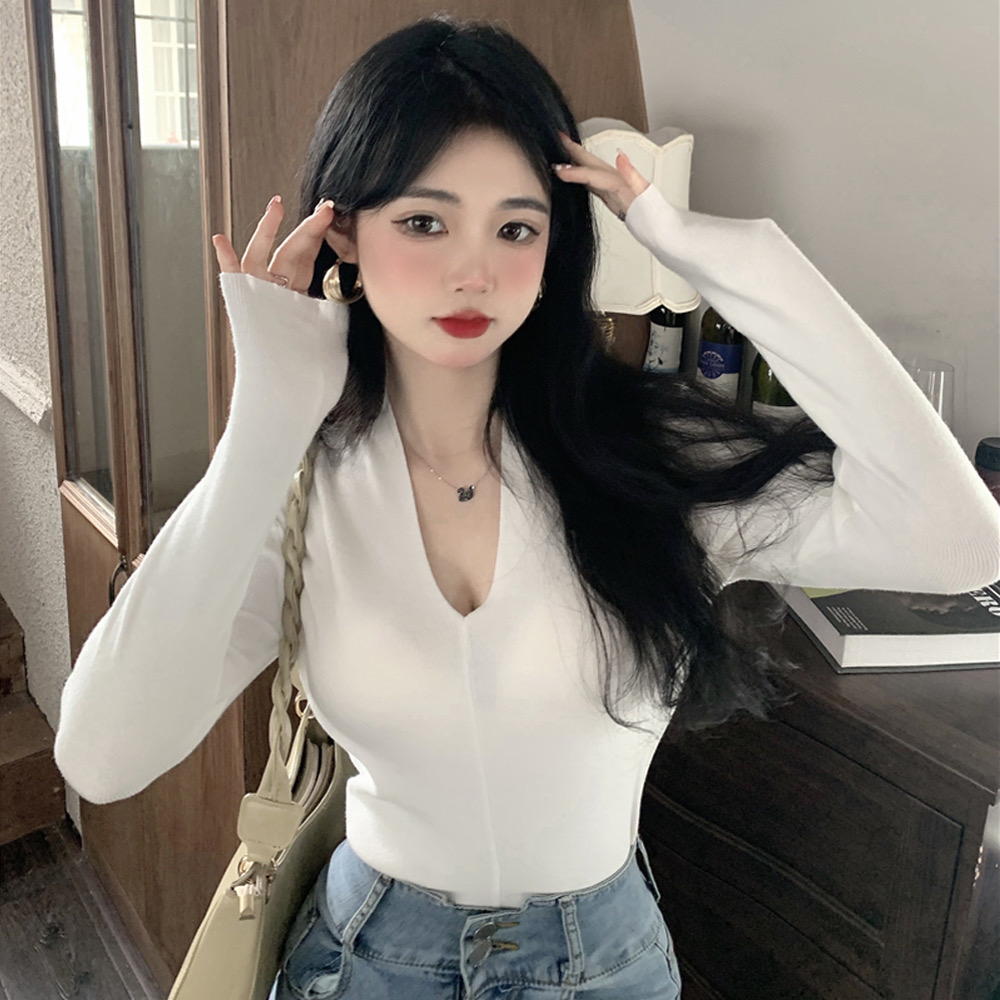 Spring and autumn new slim height elastic huge slim figure V-neck long-sleeved bottoming shirt 2022 hot girl top T-shirt