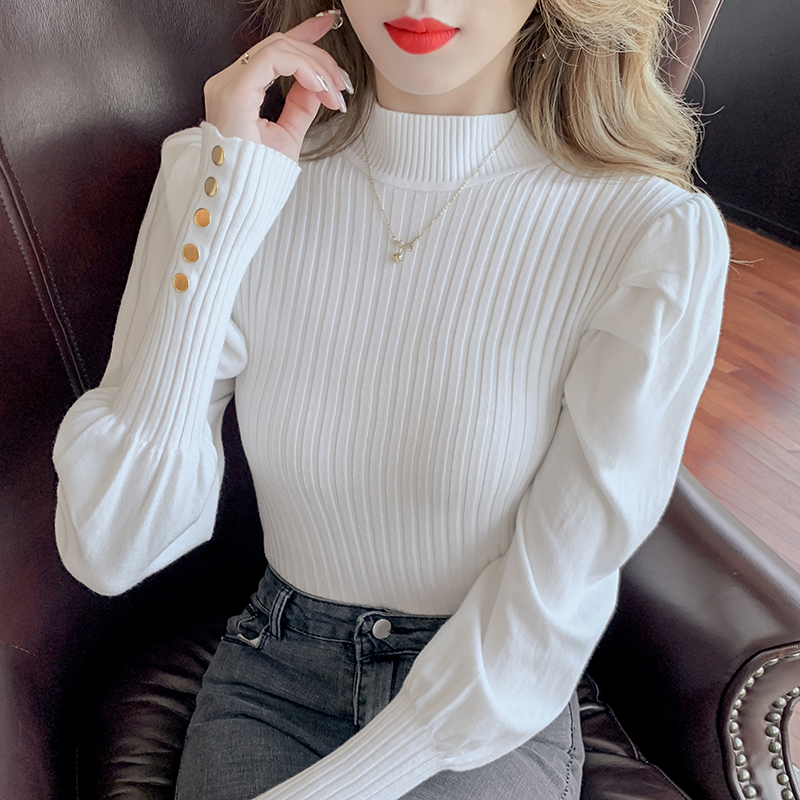 2022 autumn new knitted all-match bottoming shirt high-end foreign style bubble lantern sleeve sweater slim top