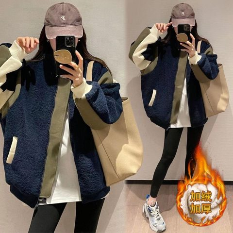 Sherpa velvet warm stand-up collar women's 2022 winter new loose all-match splicing foreign style plus velvet thick top