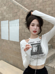 Pure lust babes sexy off-the-shoulder hanging neck long-sleeved t-shirt fake two-piece short tops bottoming shirts women's autumn and winter