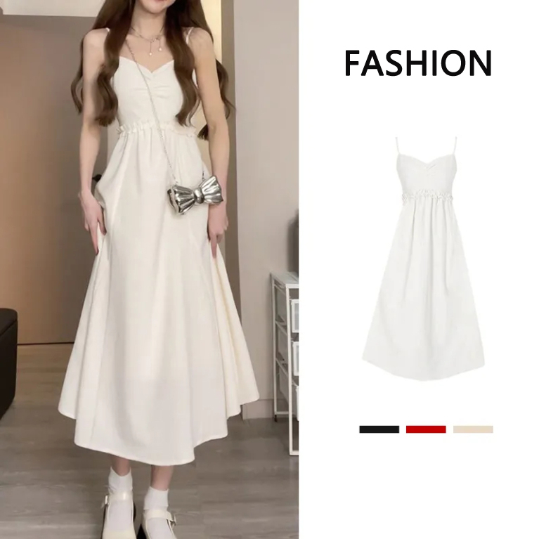 French Summer New First Love Sling Small White Dress with Waist Wrap Sweet and Spicy Fairy Dress Holiday Style Long Dress