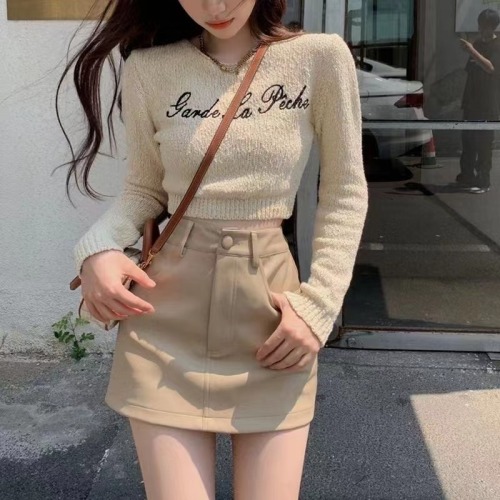 Sweater autumn and winter women's 2022 autumn and winter new Korean version round neck letter embroidery thin long-sleeved knitted sweater top