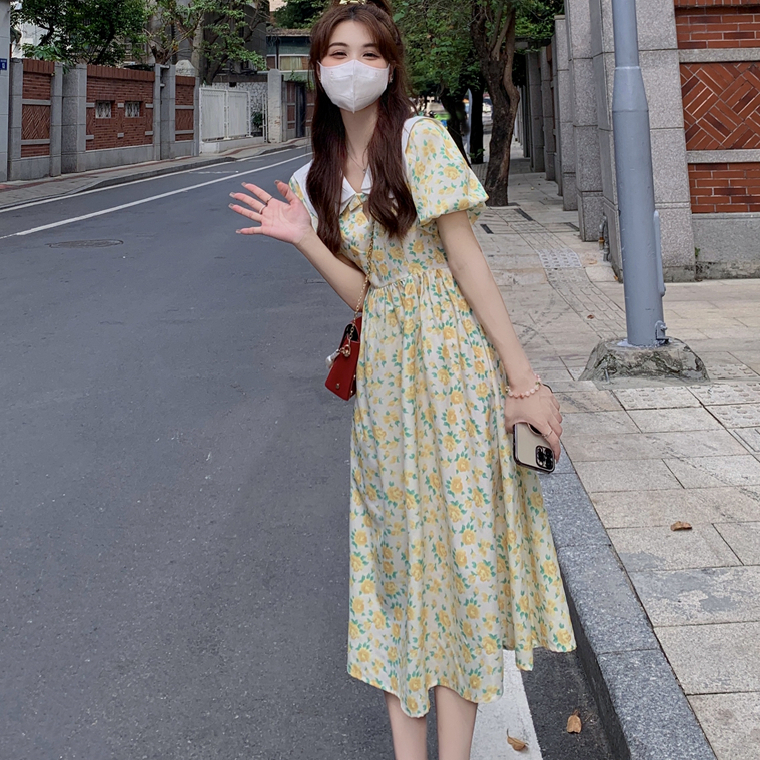 Fat mm floral dress women's new summer doll neck small fresh waist thin yellow white thin skirt