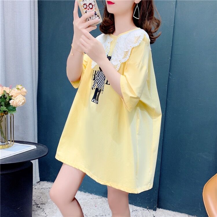 Official figure summer Korean version loose new large size women's printed lace stitching mid-length short-sleeved t-shirt women