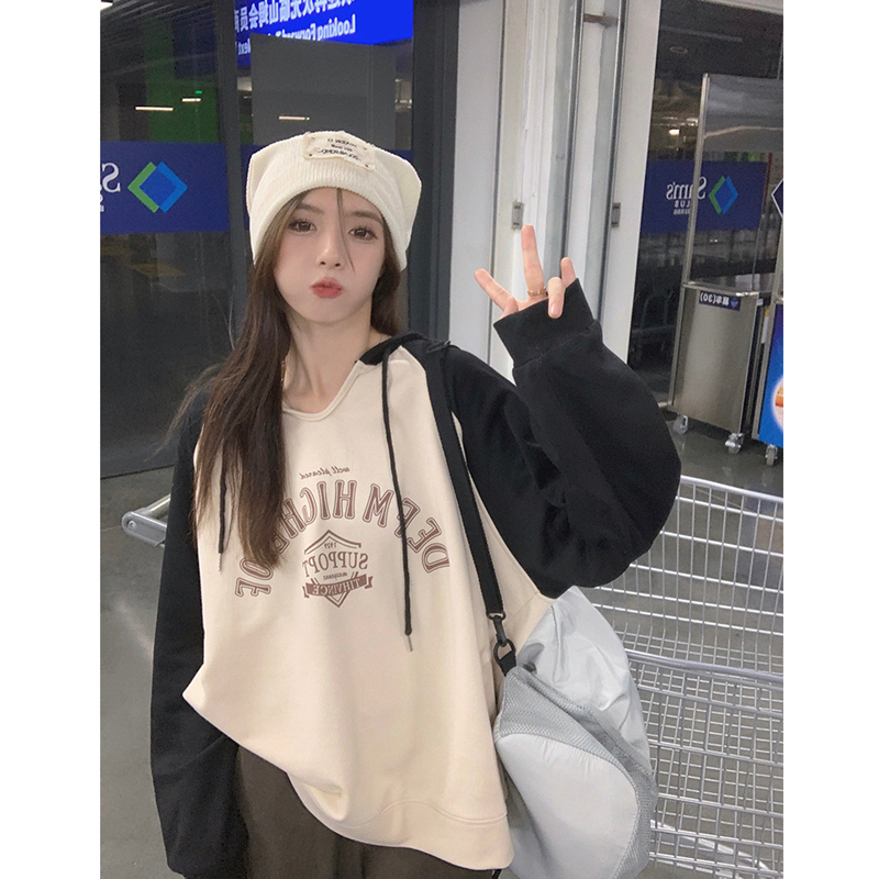 American retro print color-blocking long-sleeved sweater women's autumn 2022 new loose hooded salt-style fried street top