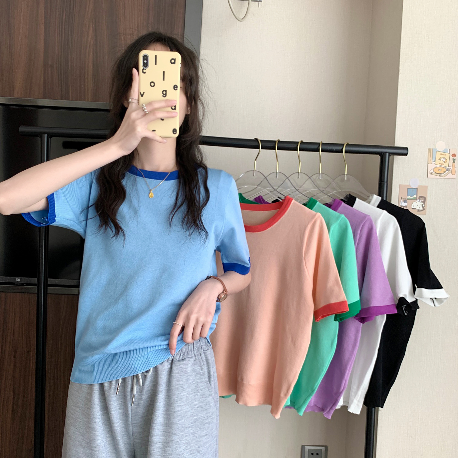 Real shooting and real price summer new Korean color contrast versatile casual loose T-shirt