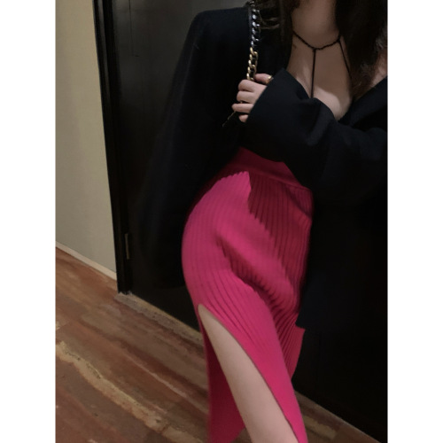 Real shooting real price autumn and winter simple bottomed knitted skirt sense oblique split fishtail skirt knitted skirt women's skirt
