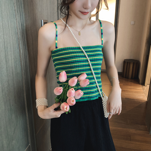 Elegant style, fashion, color matching, small suspender vest, Korean version, short fit, western style stripe bottoming shirt, new summer style