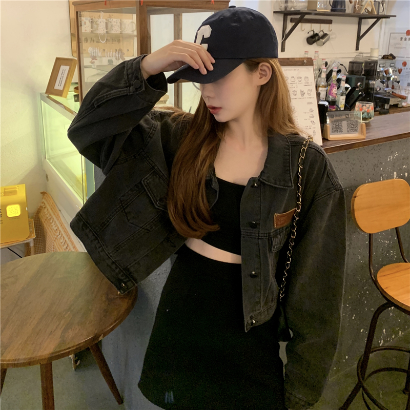 Real shot - autumn new long sleeved Denim Short loose large women's fat mm Korean jacket