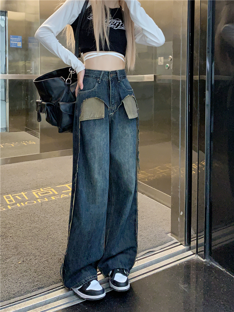Design sense niche color contrast stitching jeans women's spring 2023 new high waist slim straight wide leg long pants