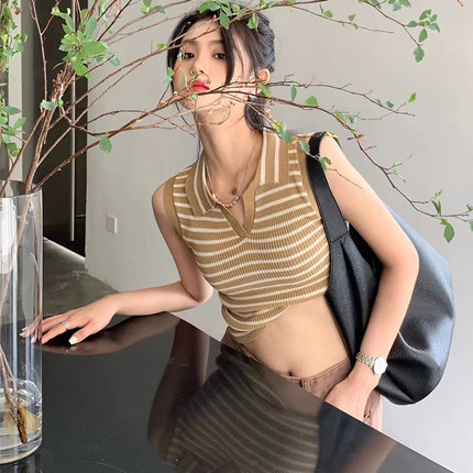 Striped sweater women's short sleeved thin summer dress foreign style V-neck collarbone loose sleeveless top women's Polo Shirt women's fashion
