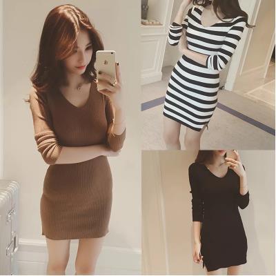 European and American autumn clothes Korean new elastic long sleeve V-neck slim knit dress