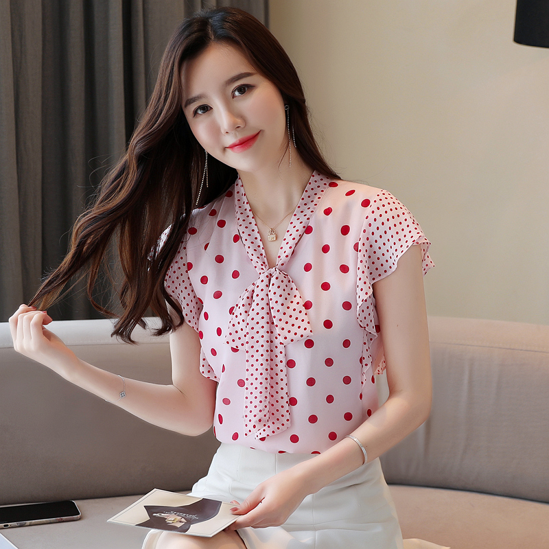 Real shot summer new Korean V-neck flying sleeve lace up bow shirt wave point Chiffon Top